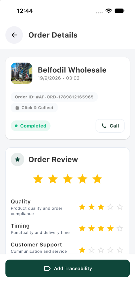 Order Details & 3-Pillar Rating Screen