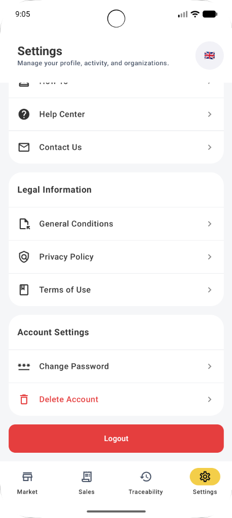 Écran Settings de l'application AkidFood montrant l'option Delete Account