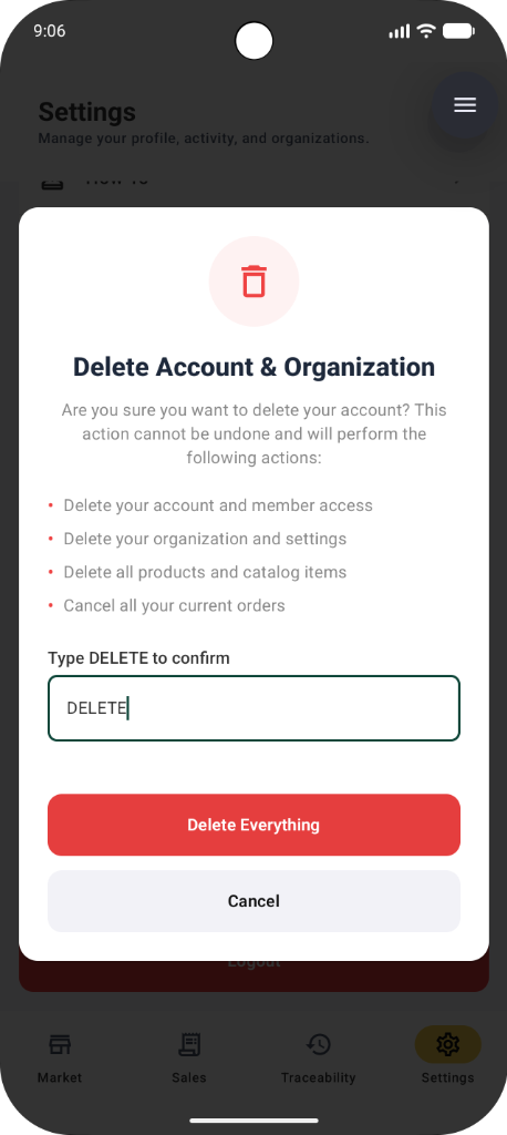 Dialogue de confirmation Delete Account & Organization avec saisie du mot DELETE